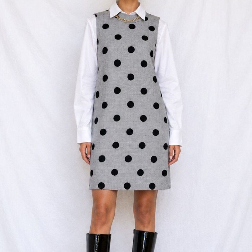Vintage Y2K 90s Gray Black Sleeveless Polka Dot Knee Length Shift Dress Size M